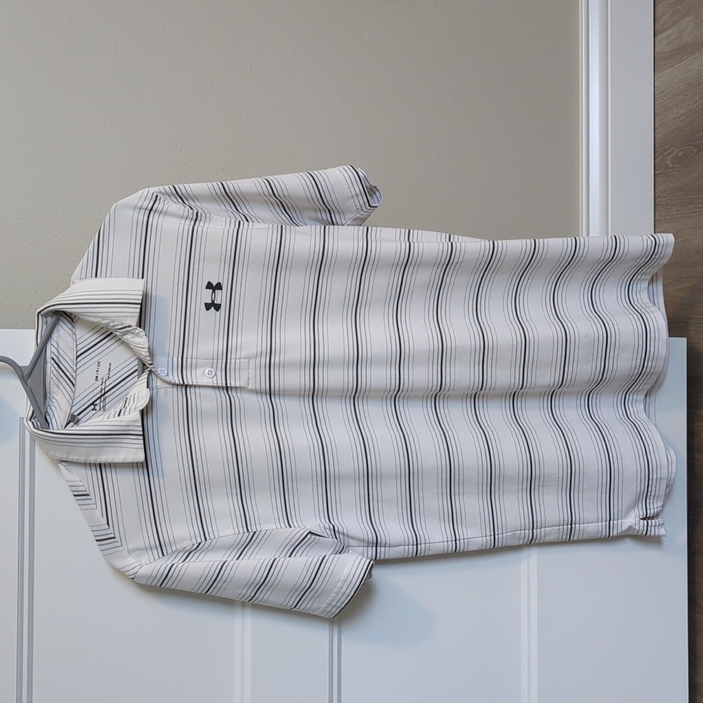 Under Armour SM White with black and grey stripe men's polo